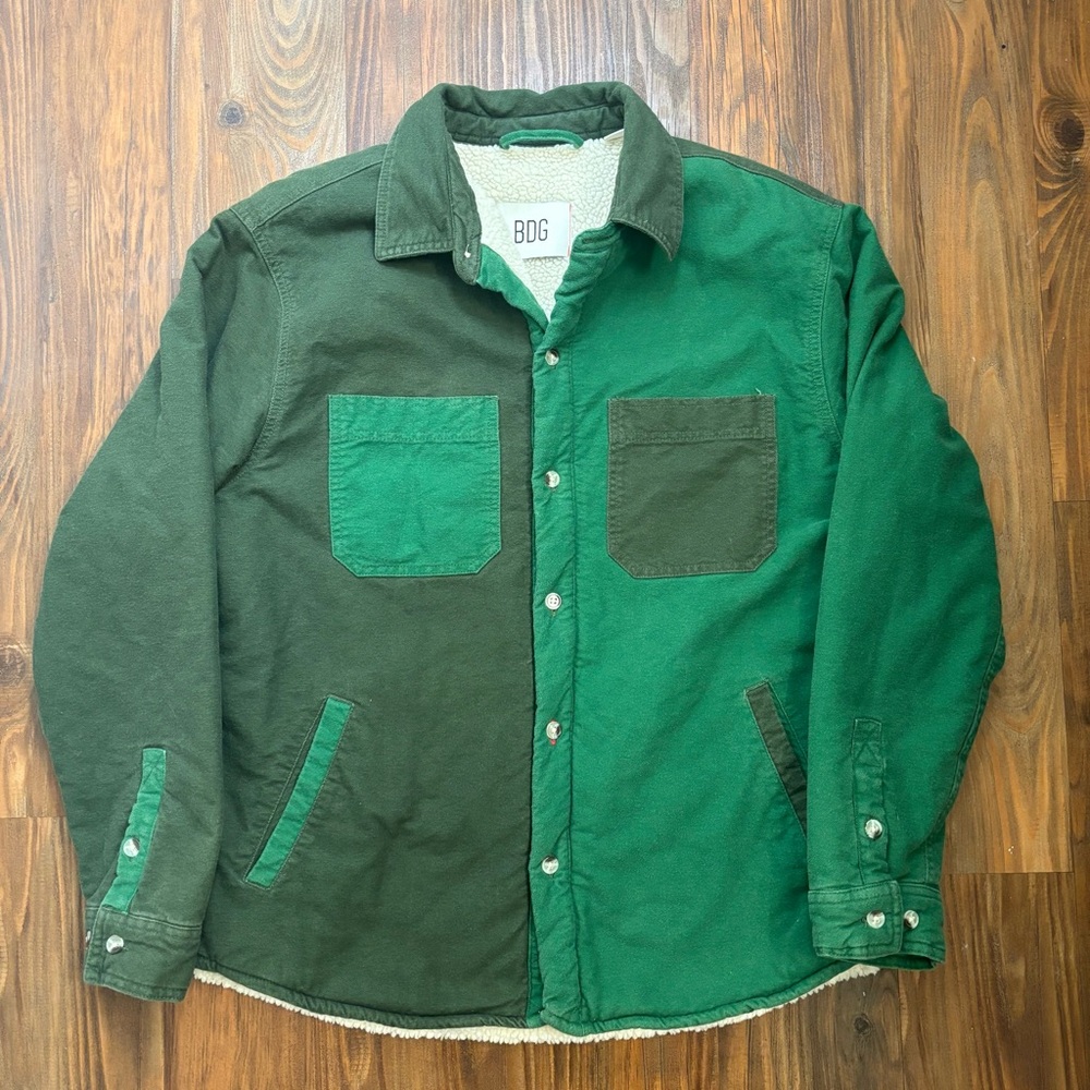 BDG TWO TONED GREEN PATCHWORK JACKET SHERPA LINE SIXED L MENS / UNISEX